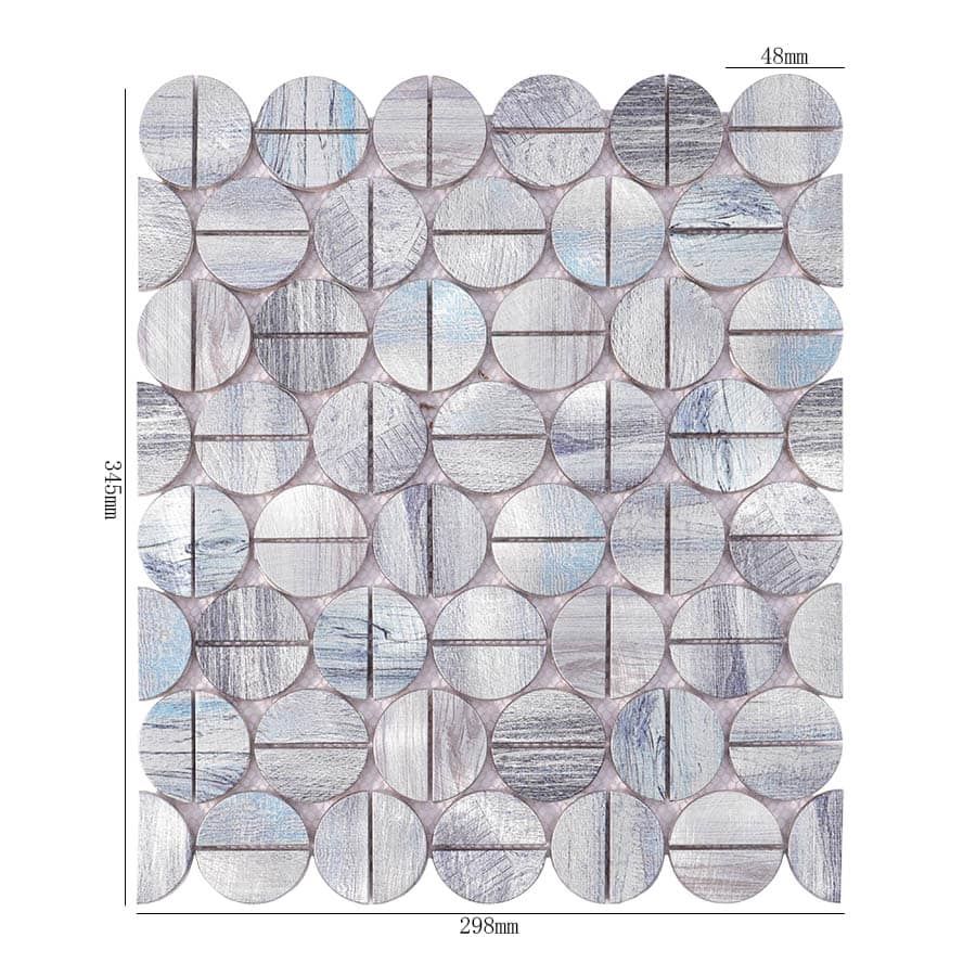 Front view of brushed silver and blue penny round aluminum mosaic tile