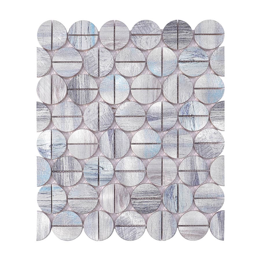 Overhead shot of silver blue penny round aluminum mosaic tile layout