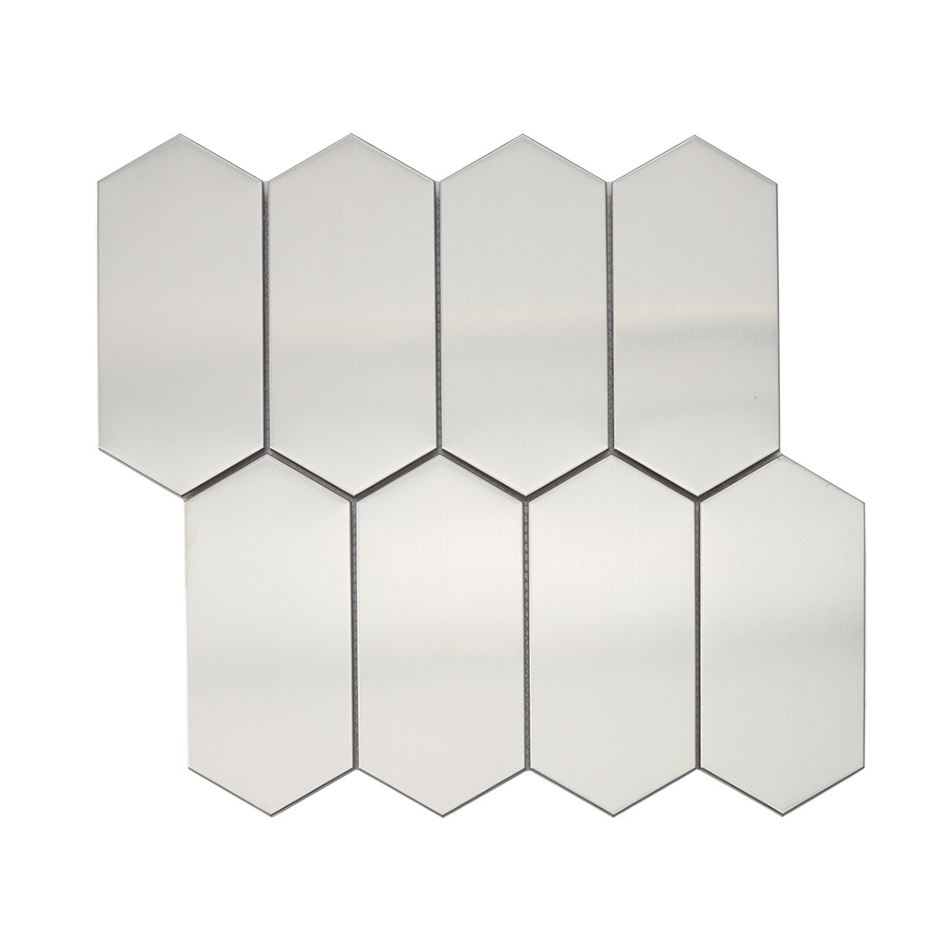 Front view of brushed silver elongated hexagon metal mosaic tile.