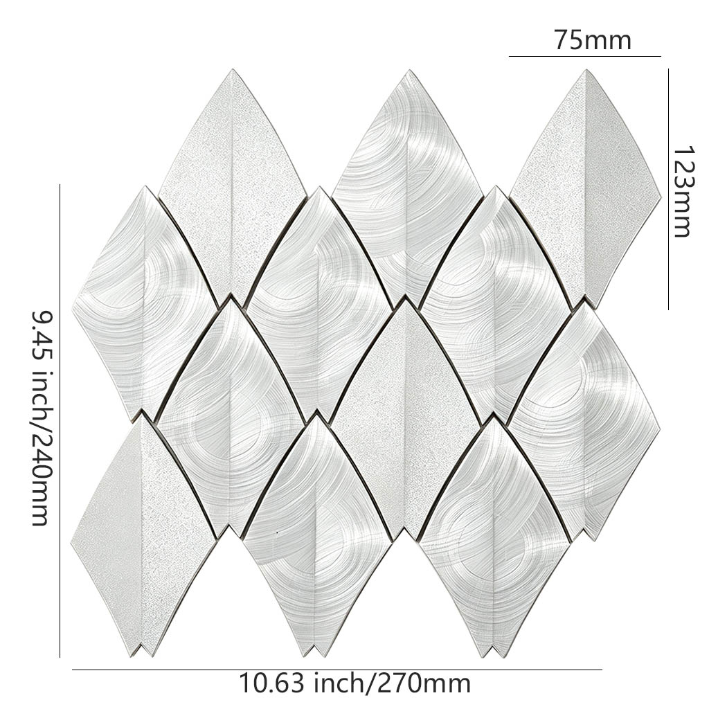 Brushed silver leaf shape aluminum mosaic tile sheet dimensions