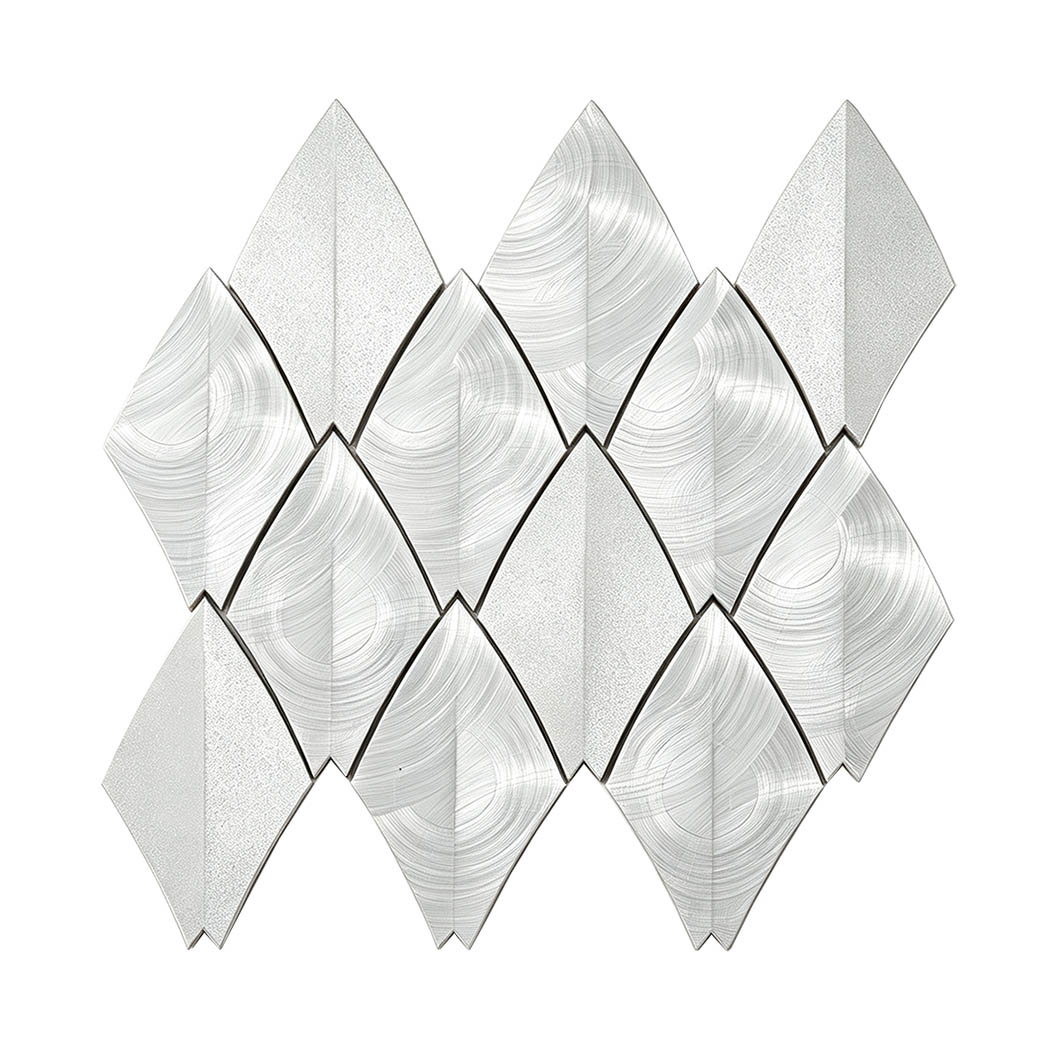 Brushed silver leaf shape aluminum mosaic tile full sheet view