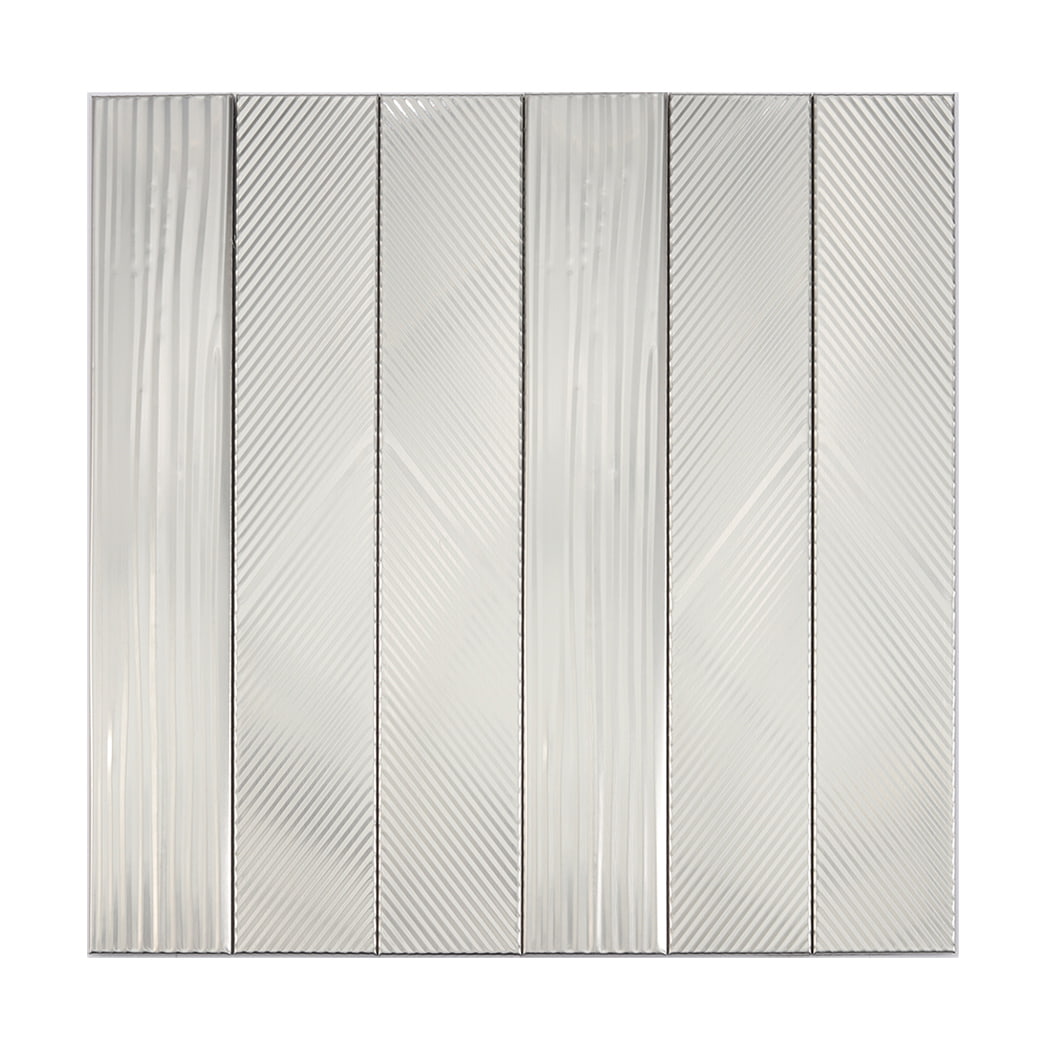 Full sheet of brushed silver stainless steel vertical mosaic tiles with striped texture