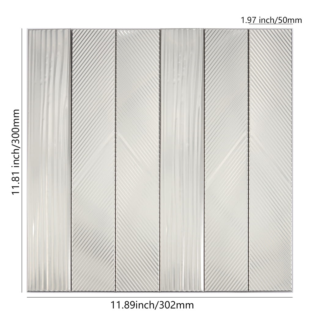 Brushed silver stainless steel vertical tile sheet with linear grooves and size guide
