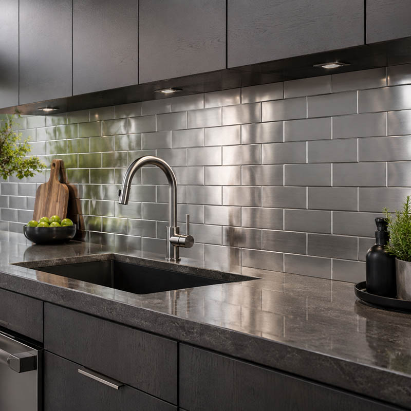 Brushed stainless steel subway tile backsplash in a modern gray kitchen