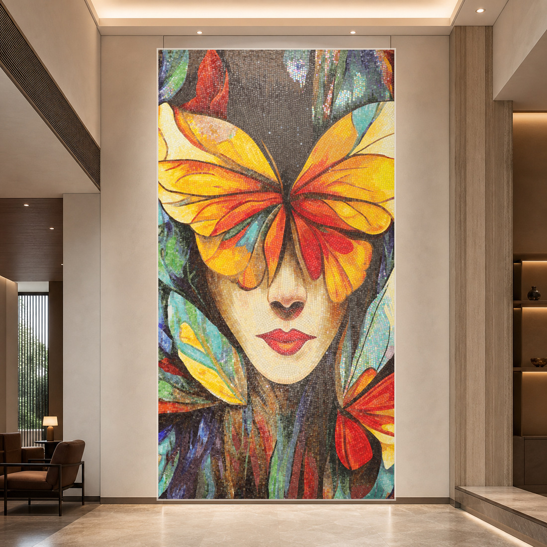 Butterfly face mosaic mural installed on a modern interior wall