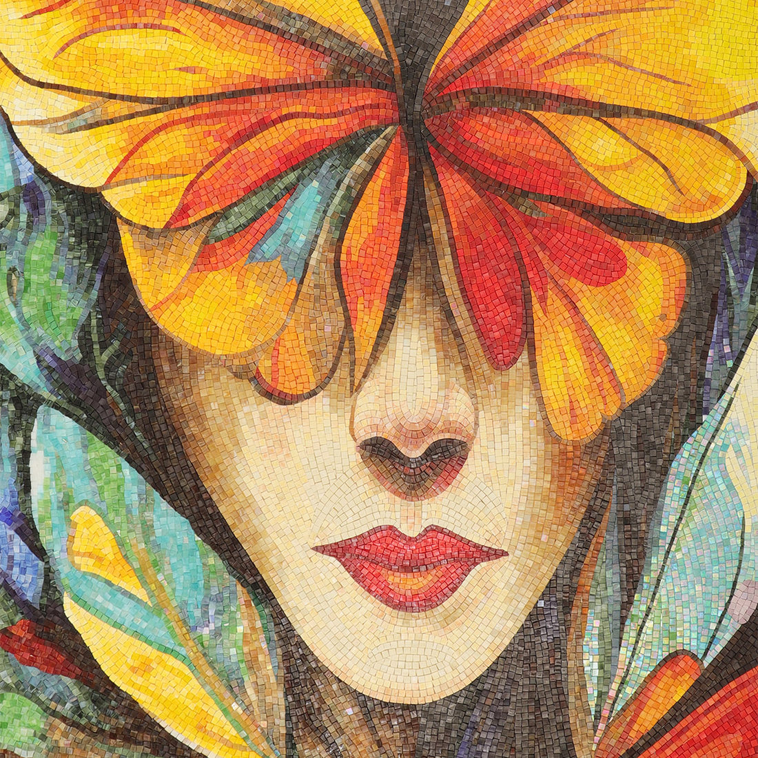 Close-up mosaic mural of a woman's face with a butterfly mask
