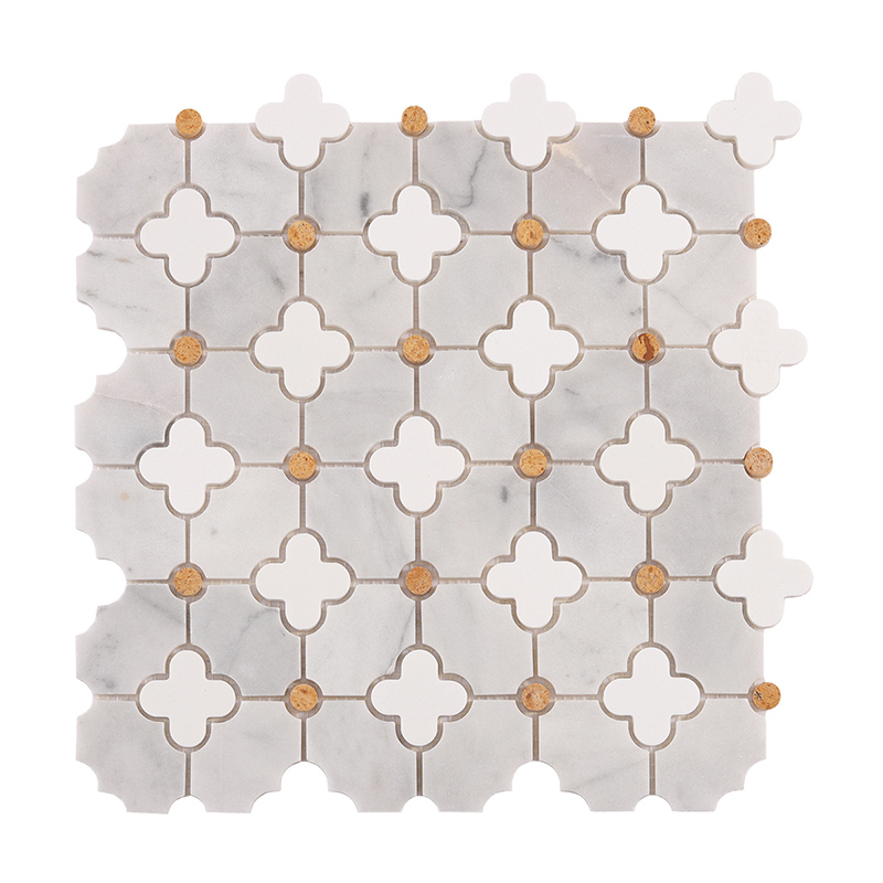 White and gray natural marble mosaic tiles in plum blossom and four-leaf clover shapes, sheet view.