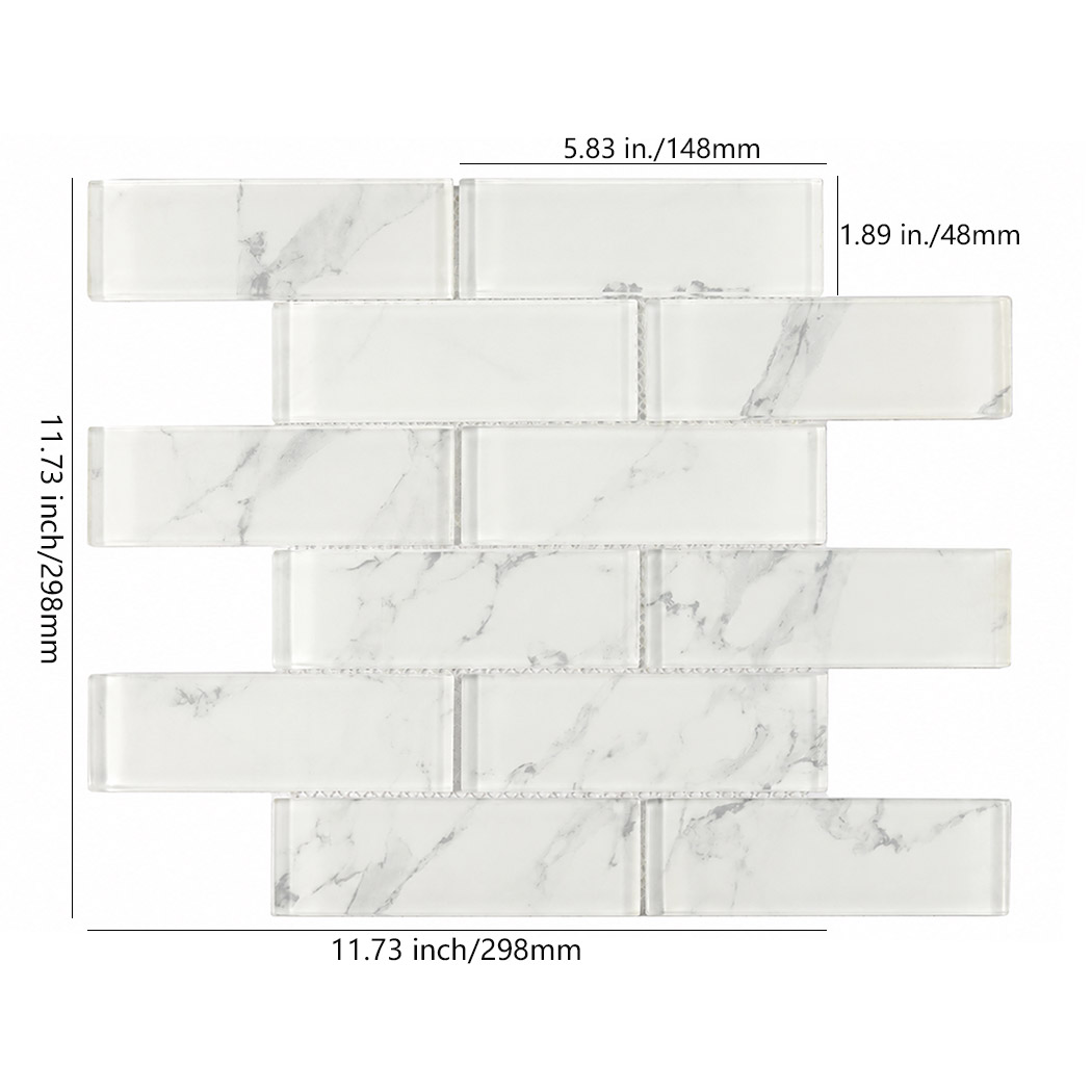 White marble look glass subway tile sheet showing 5.83 by 1.89 inch chip size