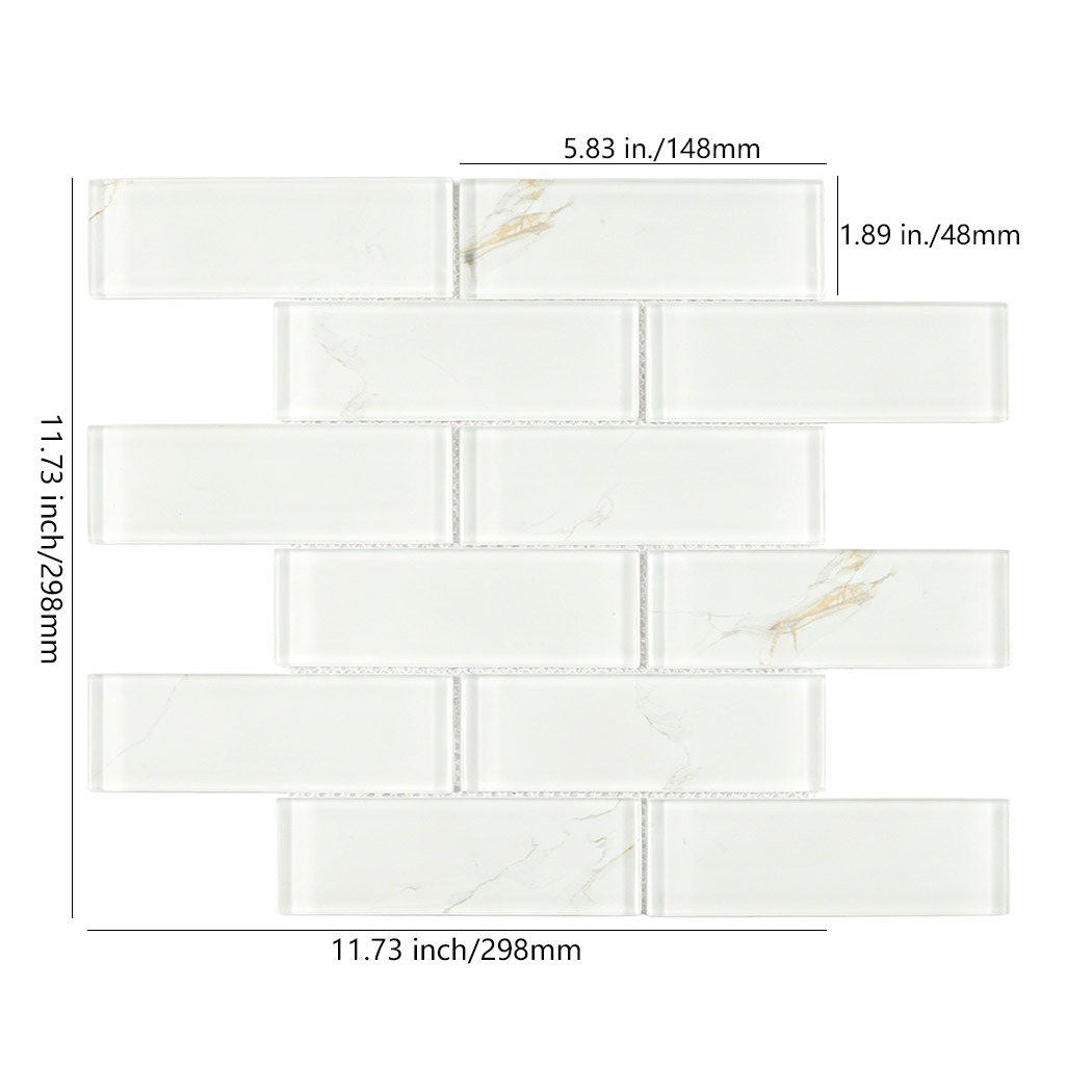 Calacatta glass subway tile sheet with 5.83 by 1.89 inch chips