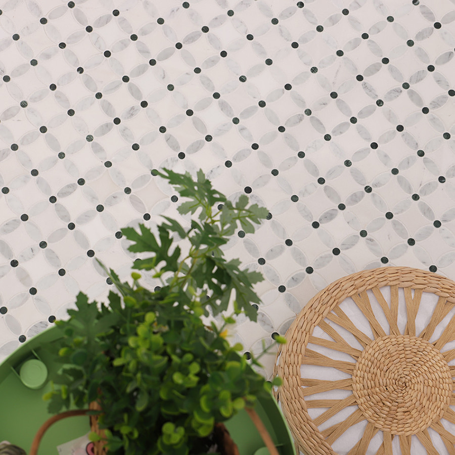 Carrara white and green flower marble mosaic tile used on floor with plants