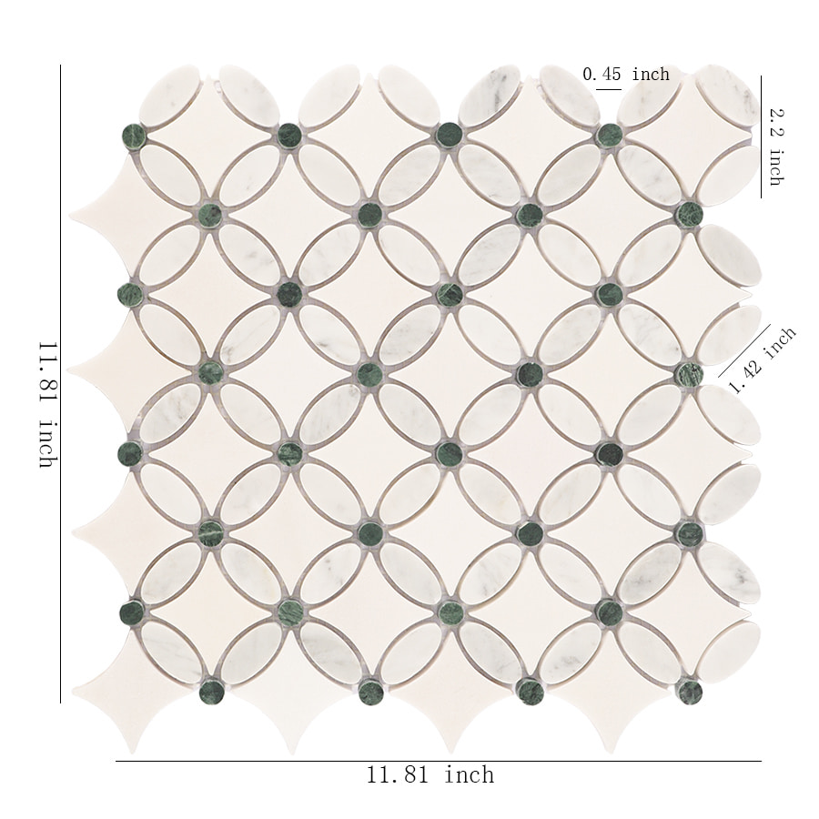 Carrara white and green flower marble mosaic tile sheet with size dimensions