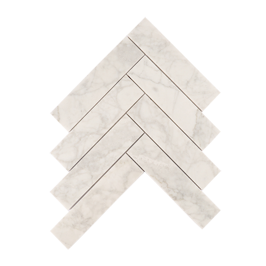 Full sheet of Carrara white herringbone marble mosaic tile