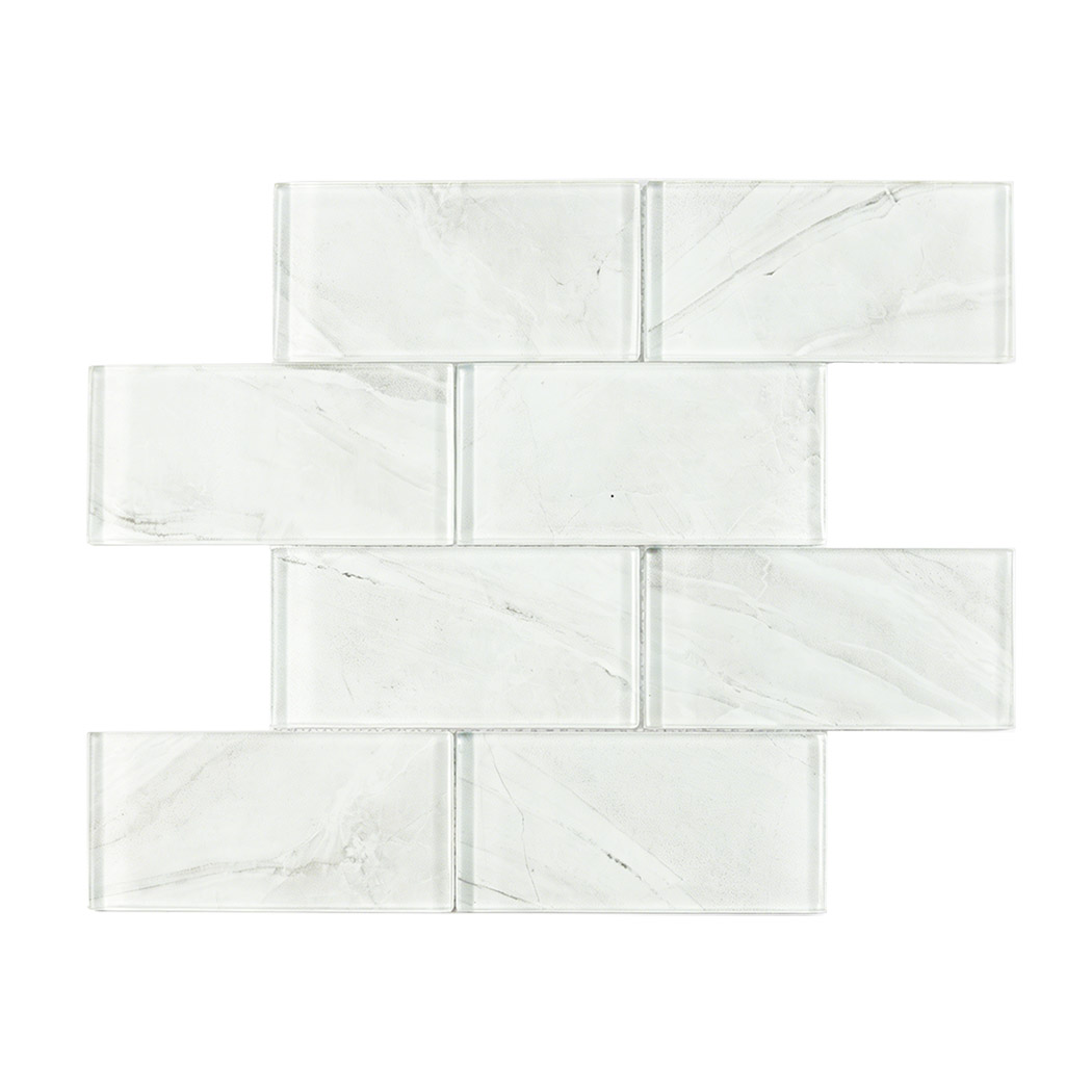 Front view of a full interlocking sheet of carrara white marble style glass tiles.