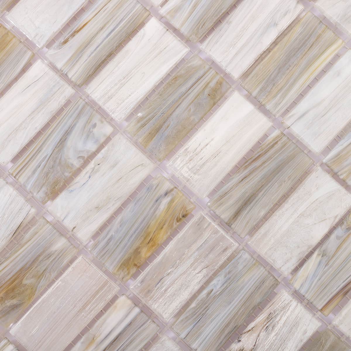 Close-up of beige and gray checkered rectangular glass mosaic tile pattern