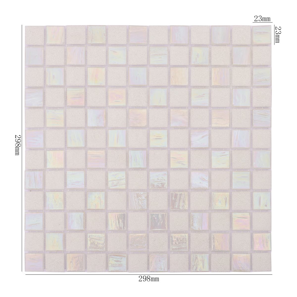 Checkered white frosted and iridescent square glass mosaic tile with measurements