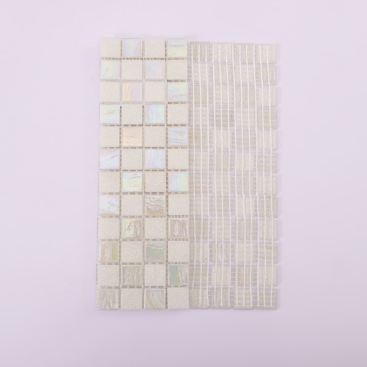 Back mesh view of checkered frosted and iridescent white glass mosaic tiles