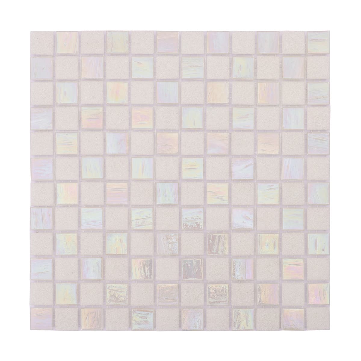 Front view of white checkered frosted and iridescent glass mosaic tile sheet