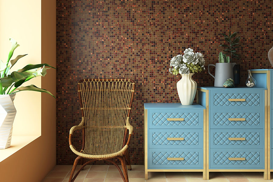 Chocolate brown mosaic tiles creating a warm accent wall in a stylish interior space