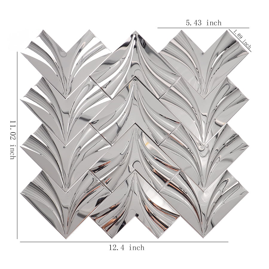 Chrome 3D stainless steel chevron wall tile sheet with inch measurements