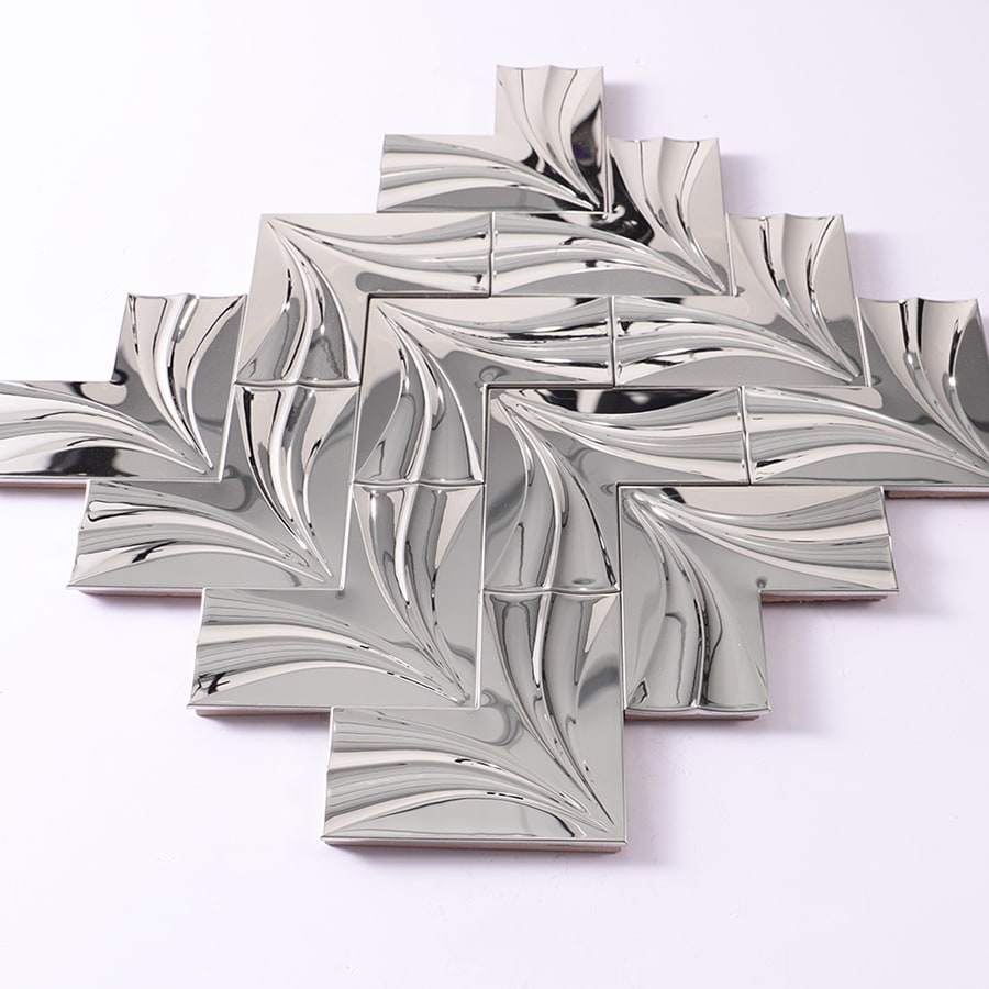Diagonal layout of chrome 3D stainless steel chevron wall tiles