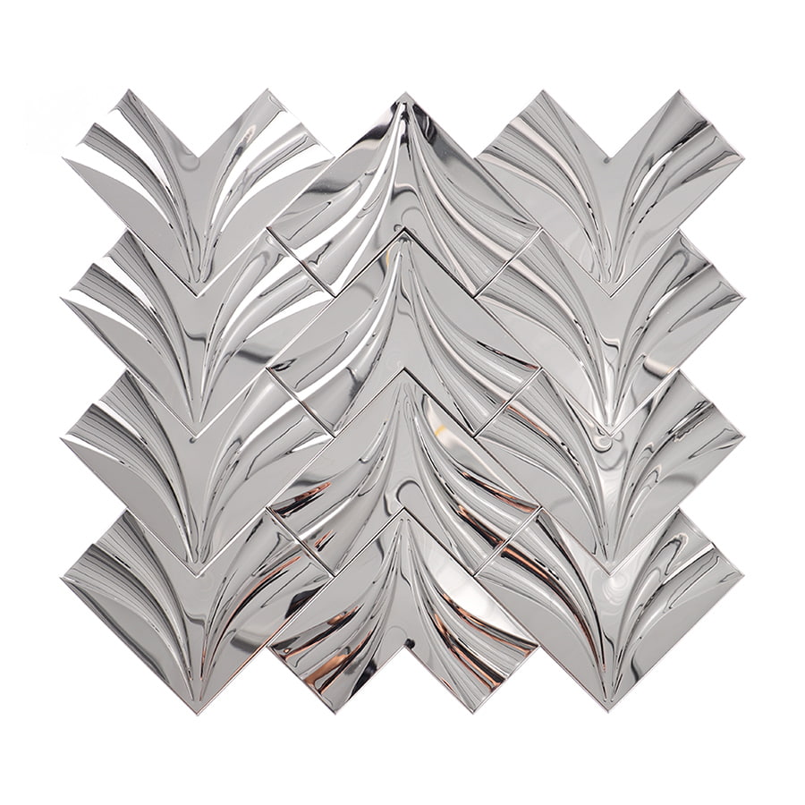 Shiny chrome 3D stainless steel chevron wall tile sheet front view
