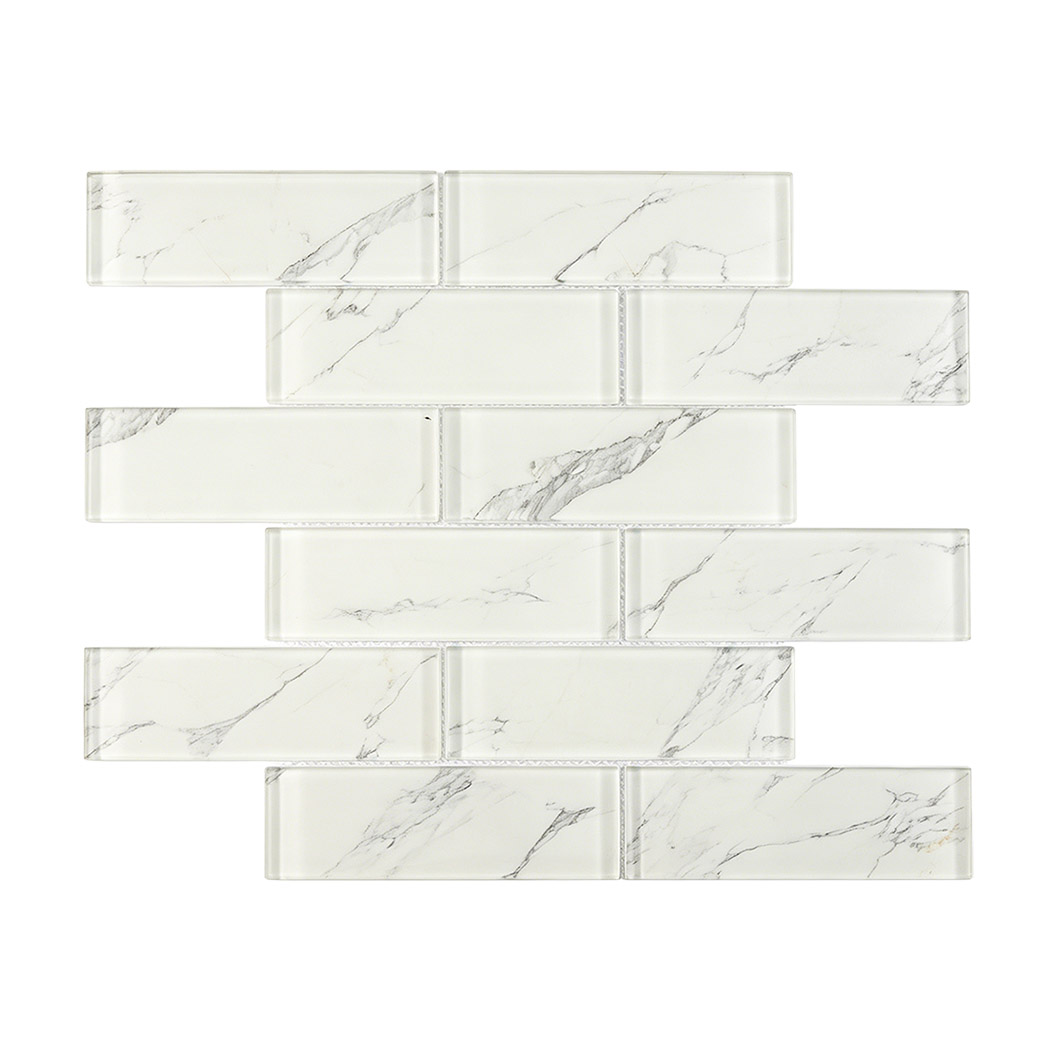 Clean white glass subway mosaic with thin gray marble veins