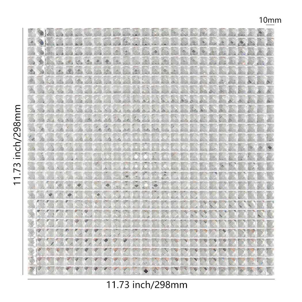 Square clear glass mosaic tile sheet, 11.73 inches square, 10mm thick, on white.