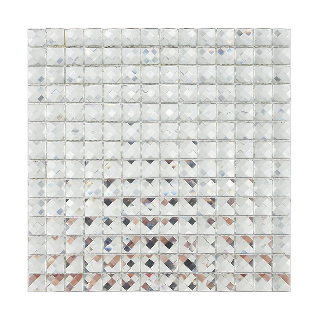 Full sheet of clear mirror square faceted glass mosaic tile on a white background