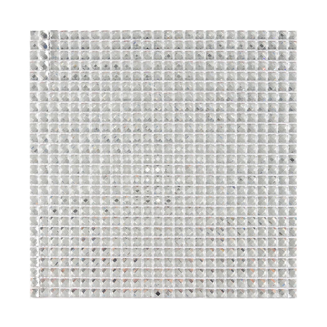 Front view of a full sheet of clear square glass mosaic tiles on white