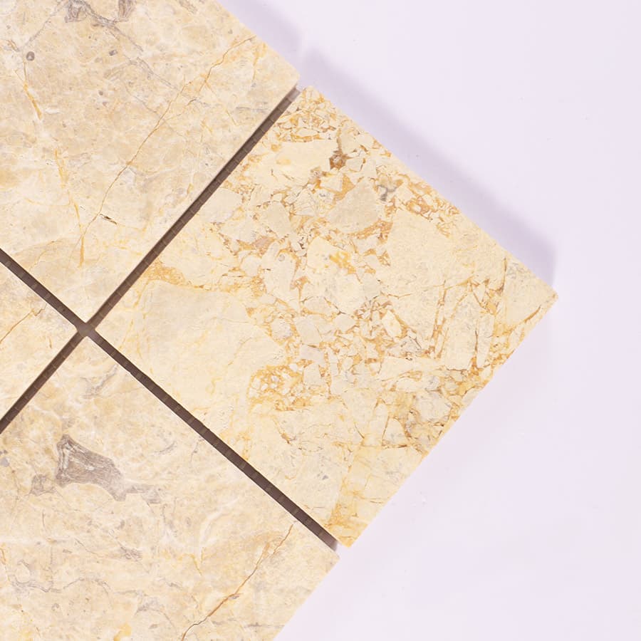 Close up of beige marble mosaic tile corner detail