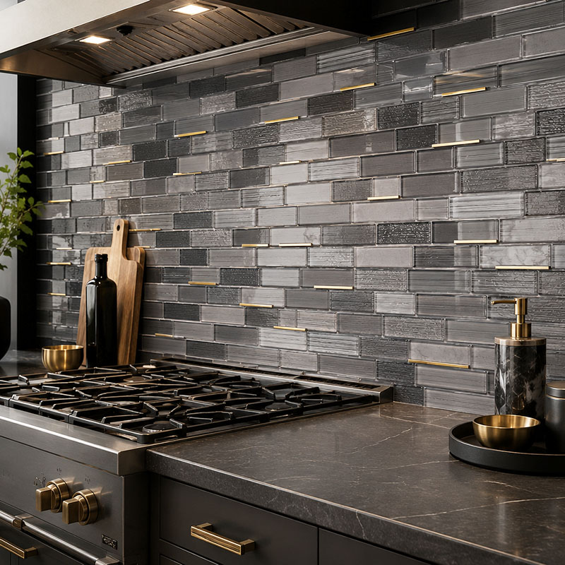 Close up of dark gray glass subway tiles with glossy texture and gold details