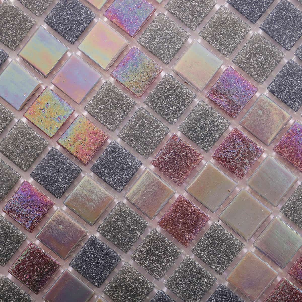 Close-up of glitter and iridescent square glass tiles