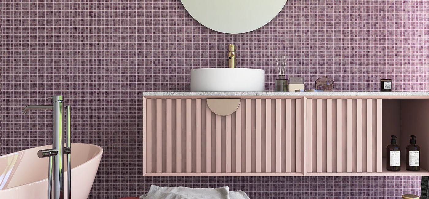 Close-up of purple glass mosaic bathroom wall tile with gold foil backing