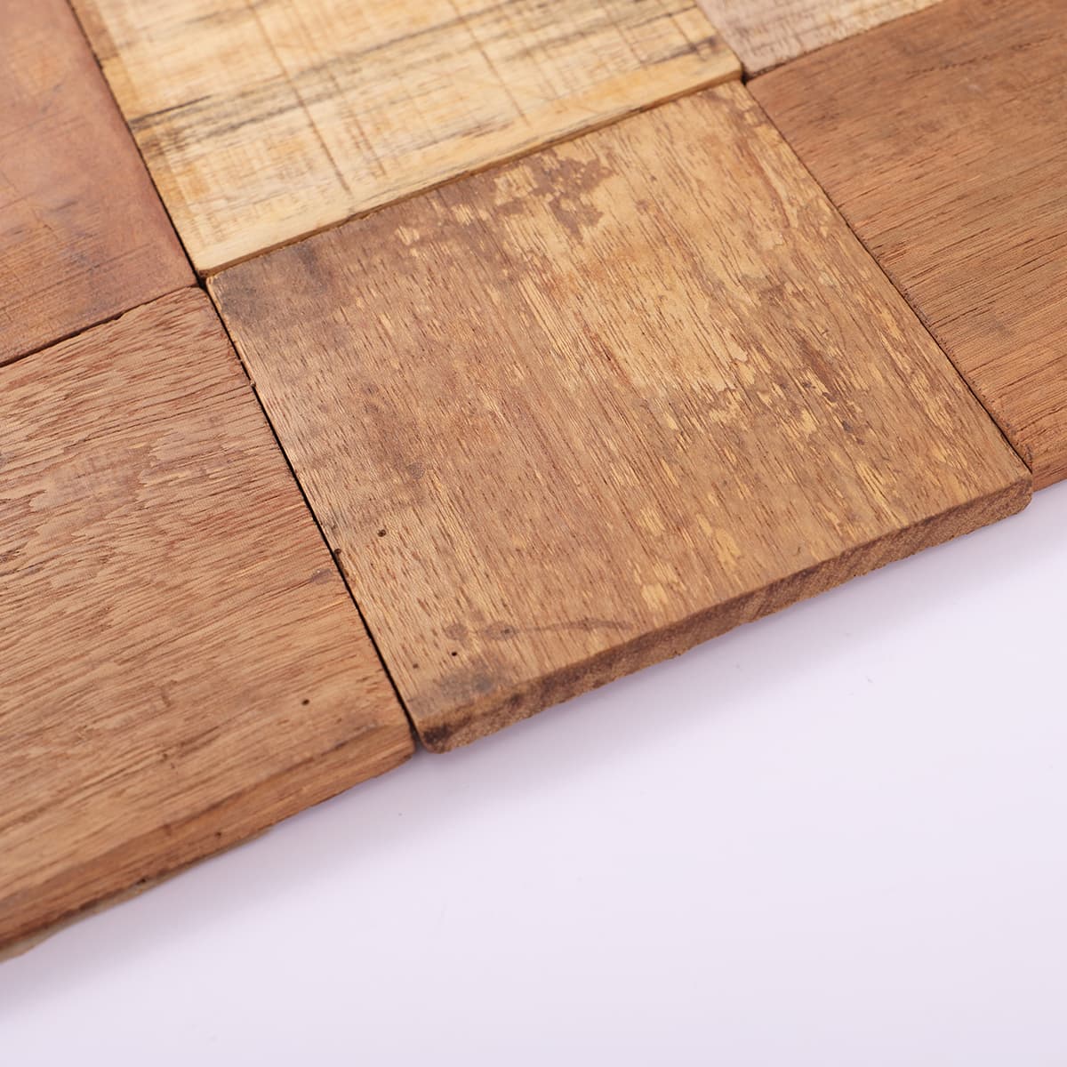 Close-up of corner detail showing rustic wood tile surface texture