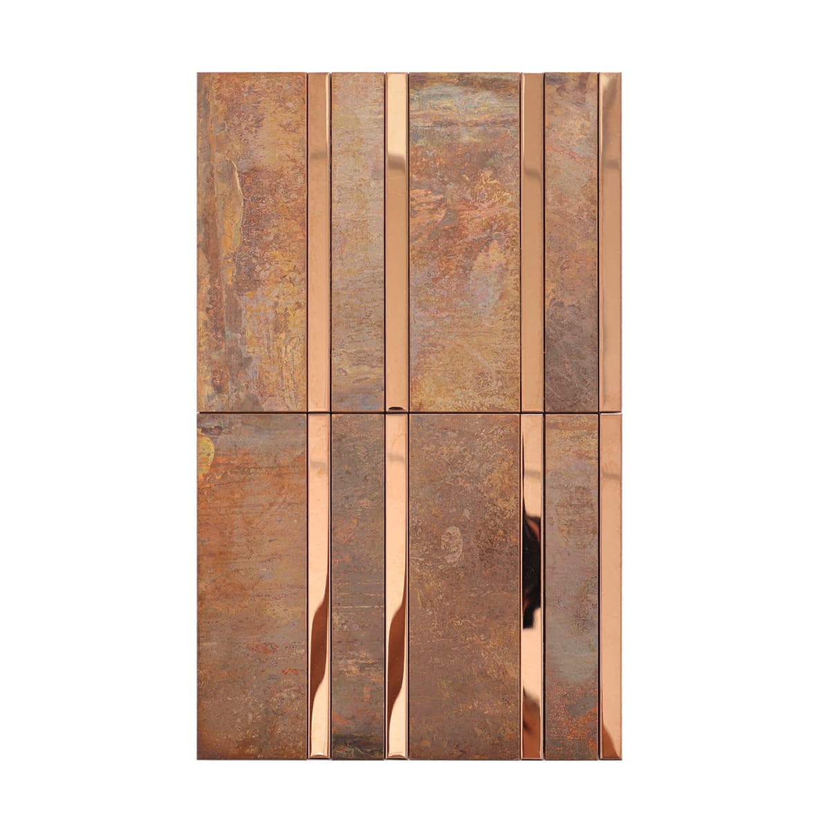 Vintage copper mosaic tile with glossy stainless steel accents