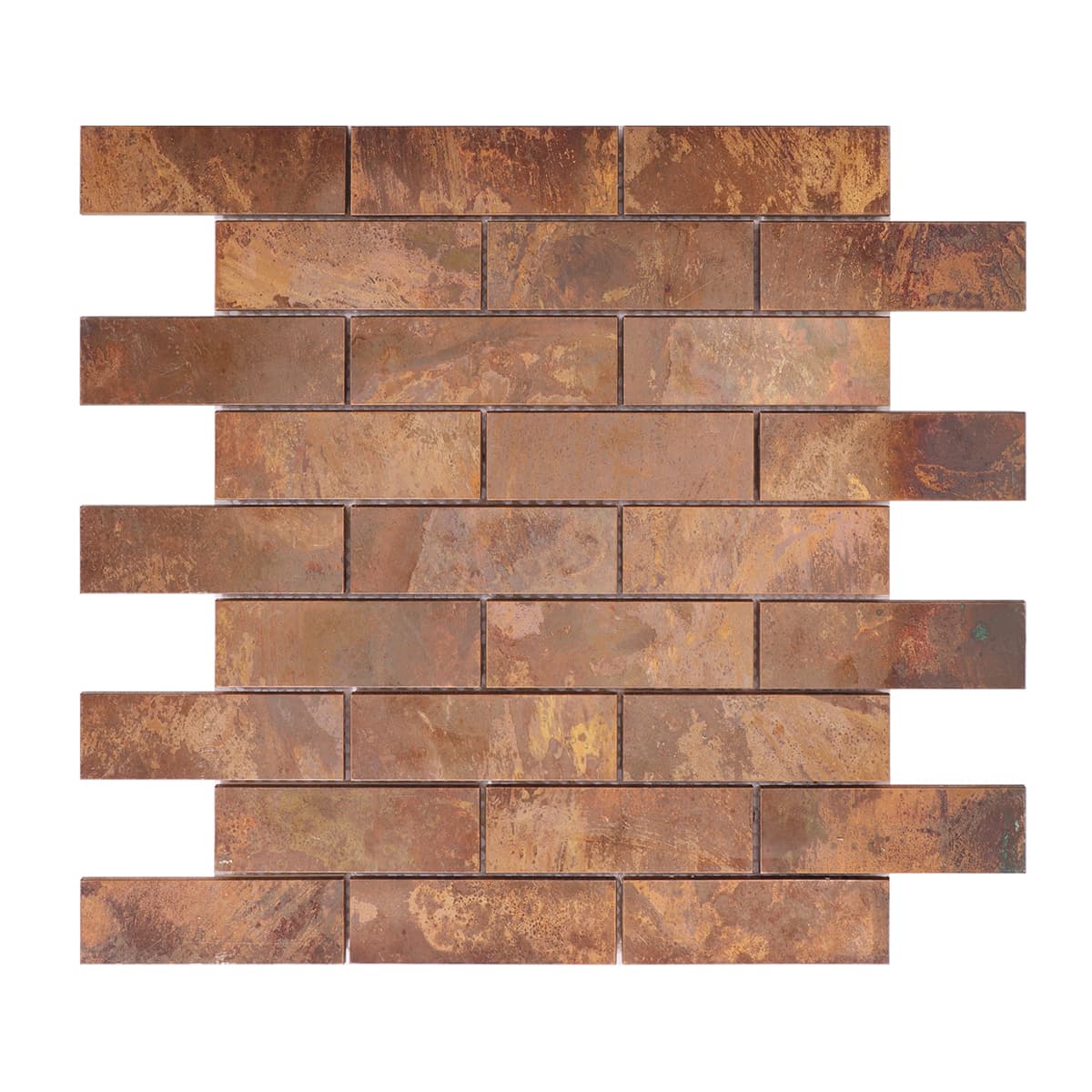Front view of rustic copper brick mosaic sheet