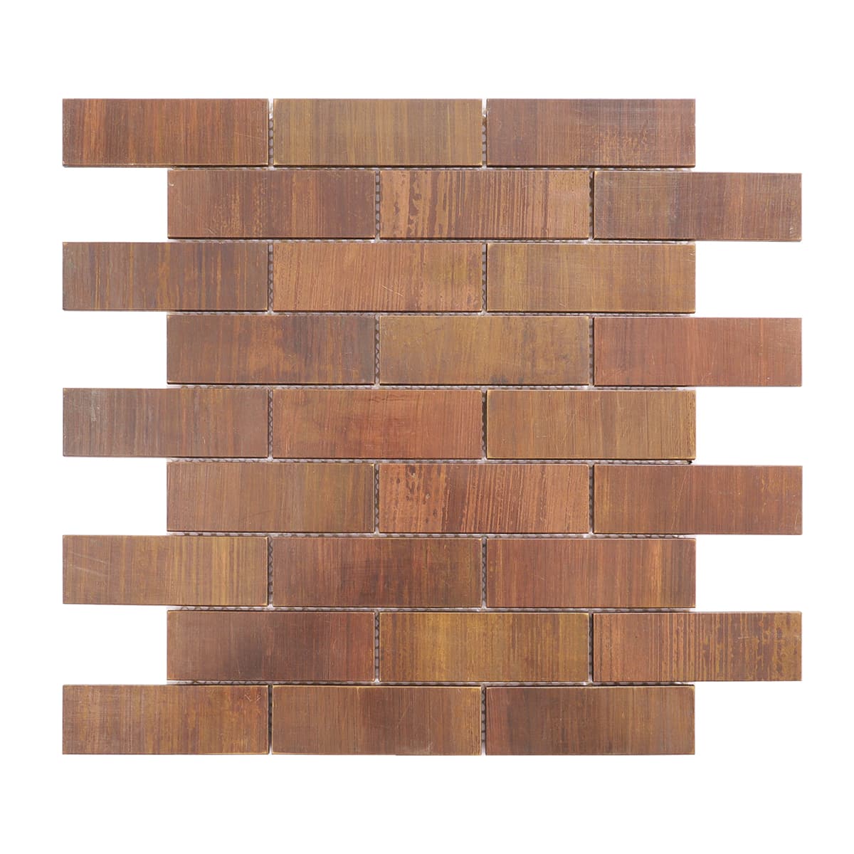 Copper brick mosaic tile sheet in a horizontal layout