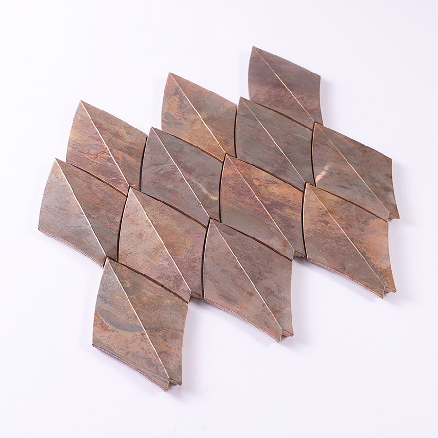 Diagonal top view of copper diamond mosaic tile layout.