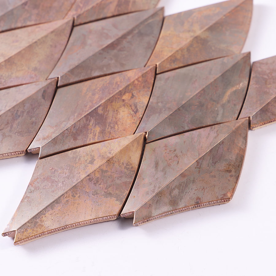 Side angle view of copper diamond mosaic showing tile thickness and finish.