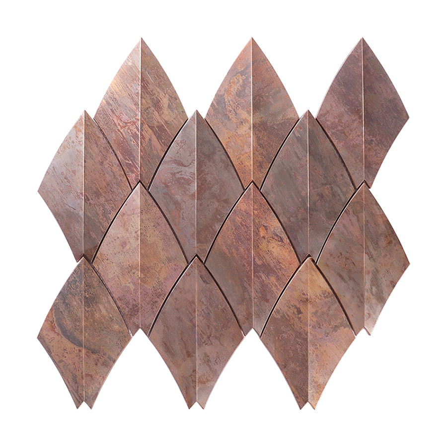 Front view of copper diamond-shaped mosaic wall tile with metallic texture.
