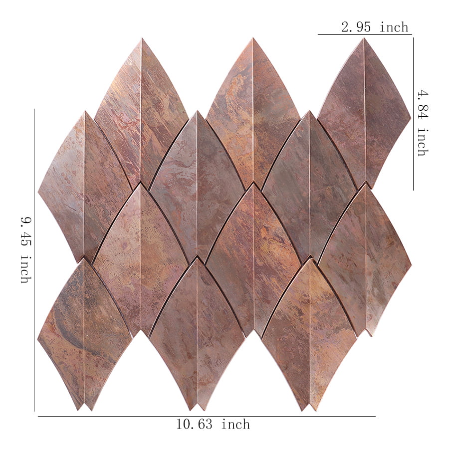 Brown copper diamond mosaic tile with size dimensions labeled in inches.