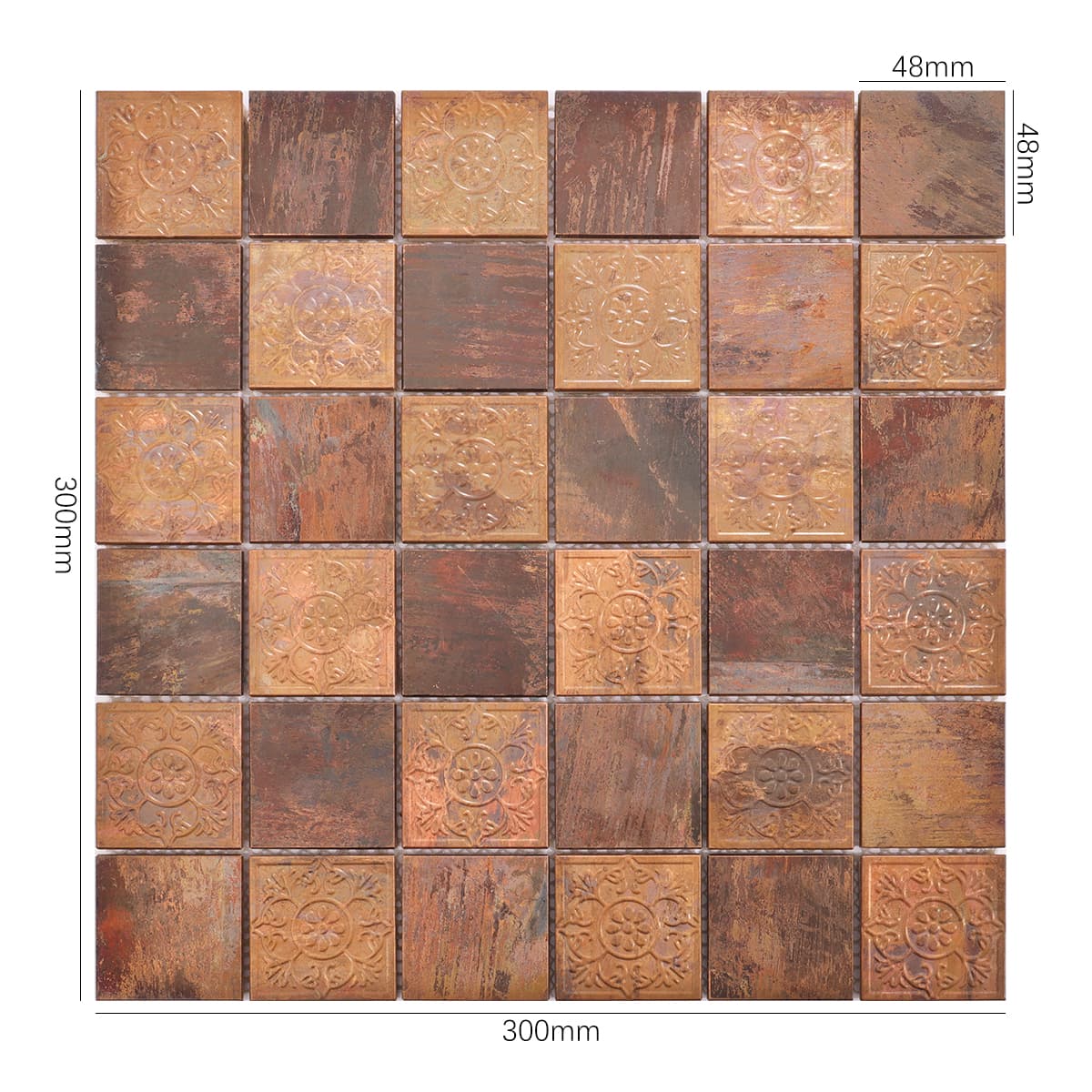 Copper floral pattern mosaic tile with embossed rose texture