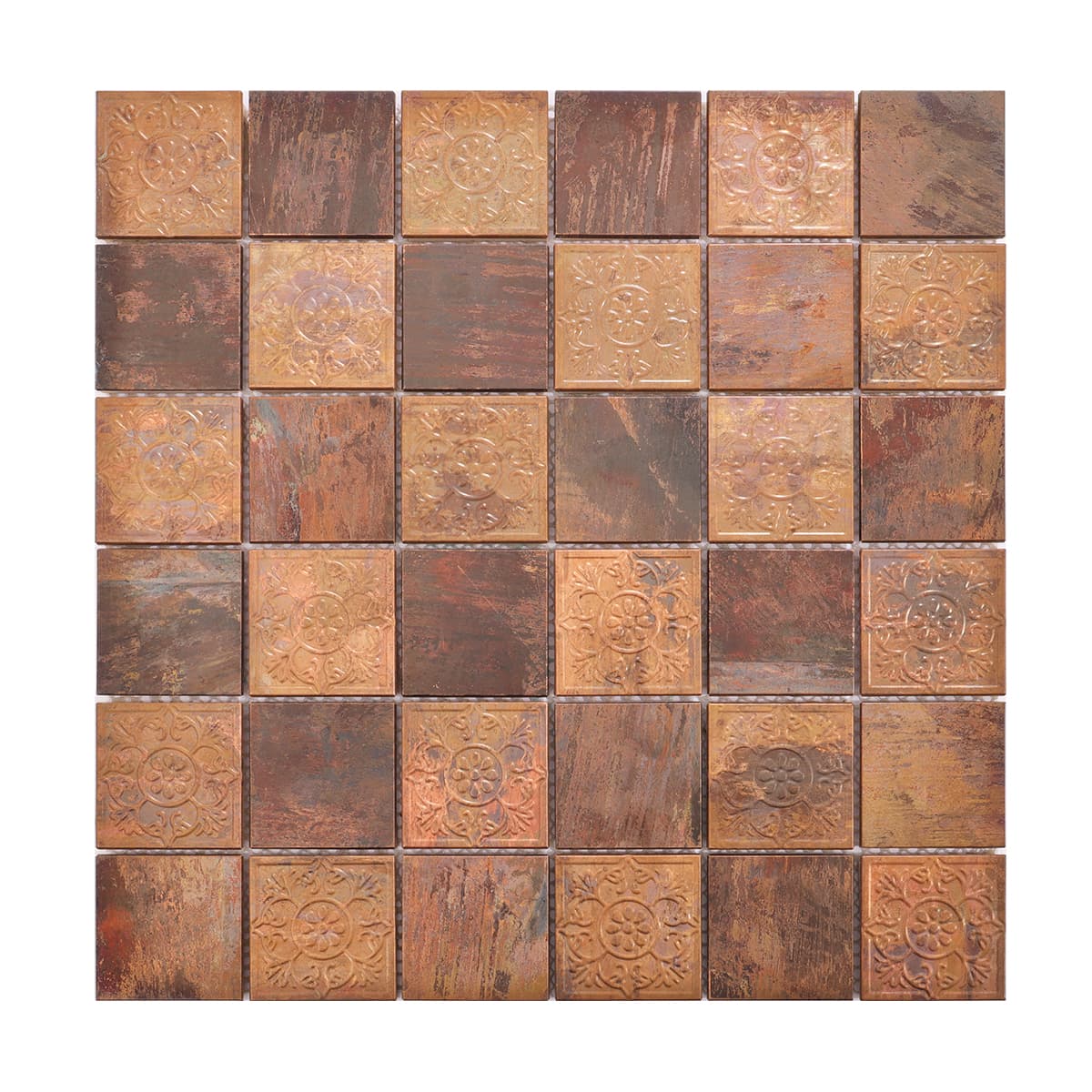 Square copper mosaic tile sheet featuring embossed flower motifs
