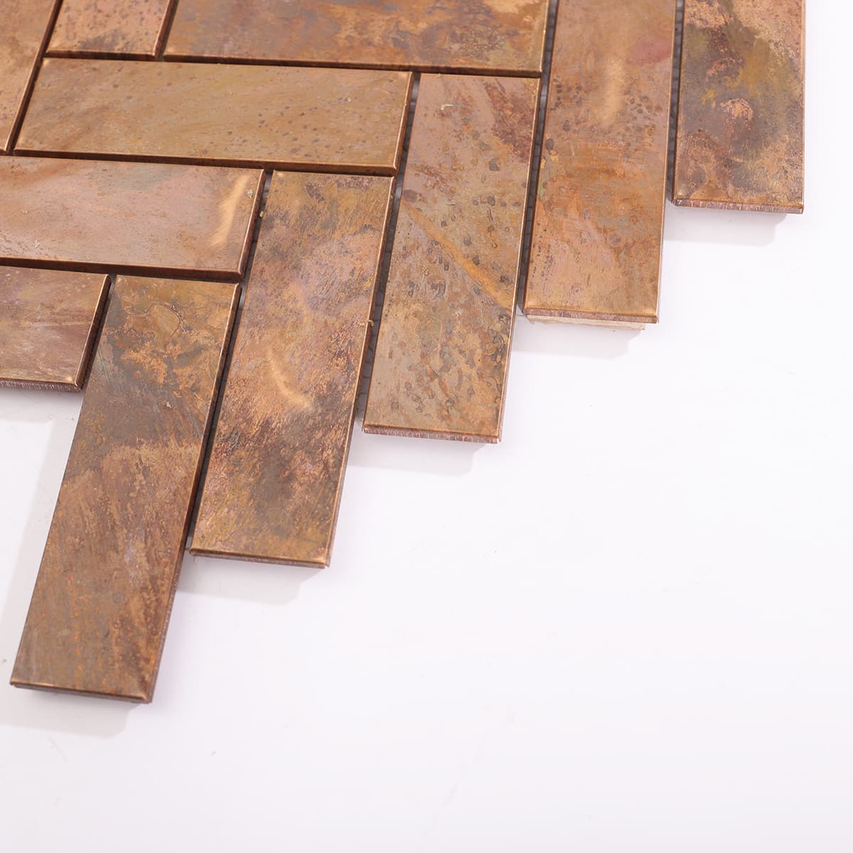 Side view showing layering and finish of copper mosaic pattern