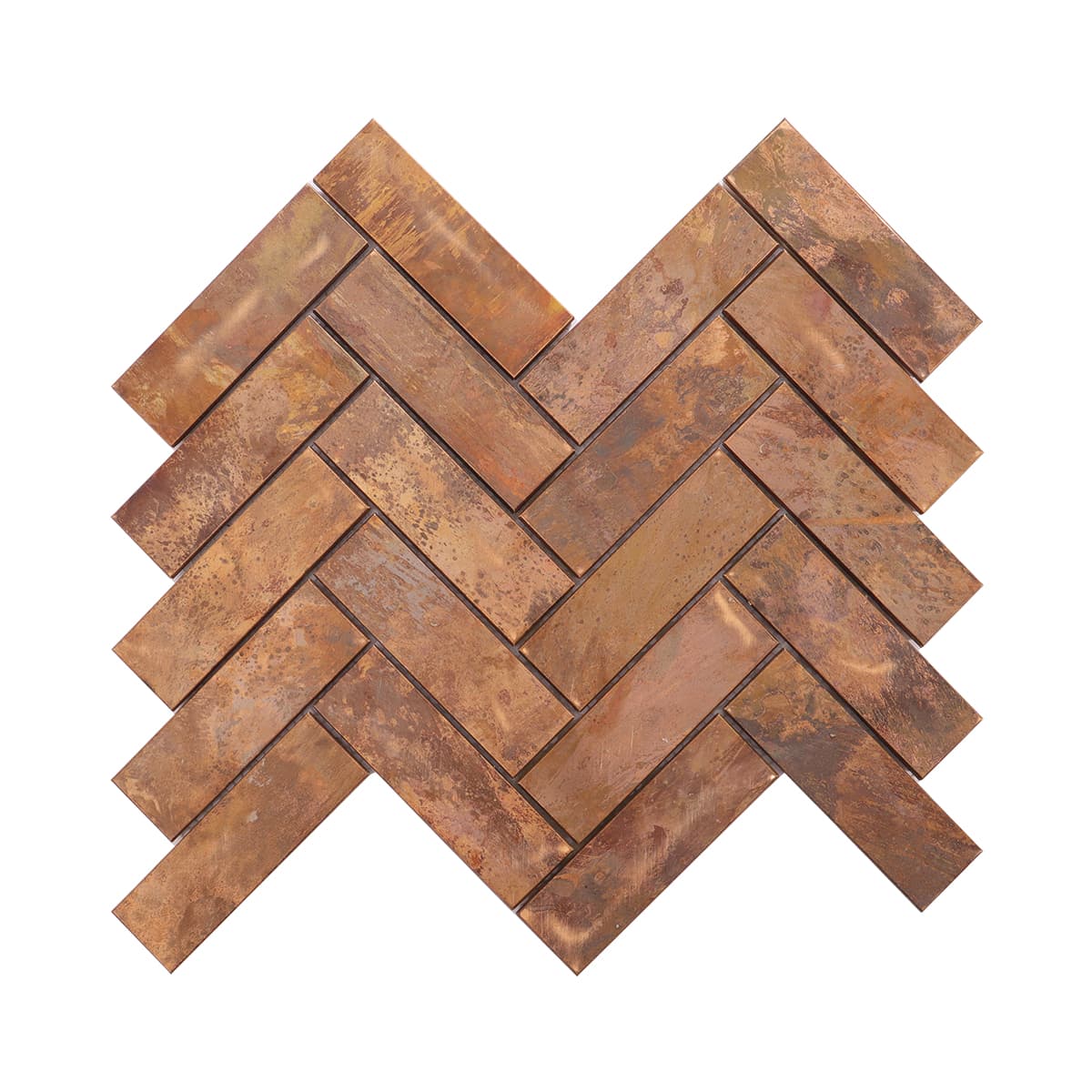 Rustic copper stainless steel tiles arranged in a herringbone pattern