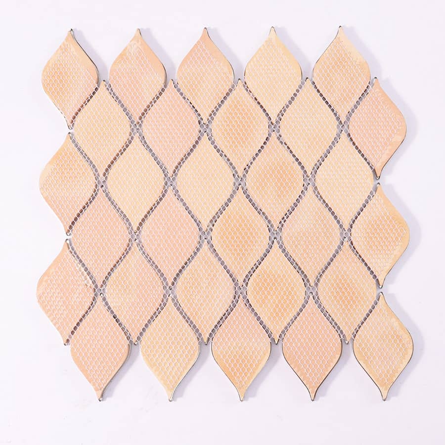 Back view of copper leaf aluminum mosaic tile with mesh backing