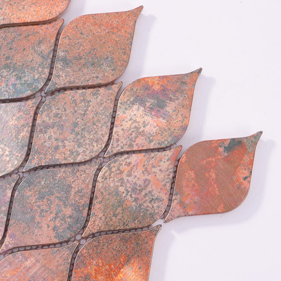 Corner close-up of copper leaf aluminum mosaic tile