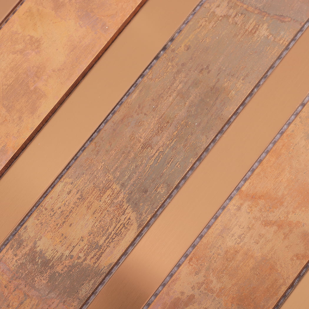 Brushed copper stainless steel linear mosaic tile texture close-up
