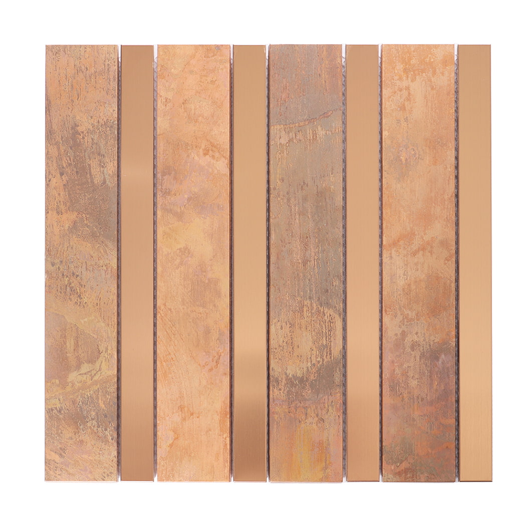 Front view of copper stainless steel linear mosaic tile sheet for wall decor