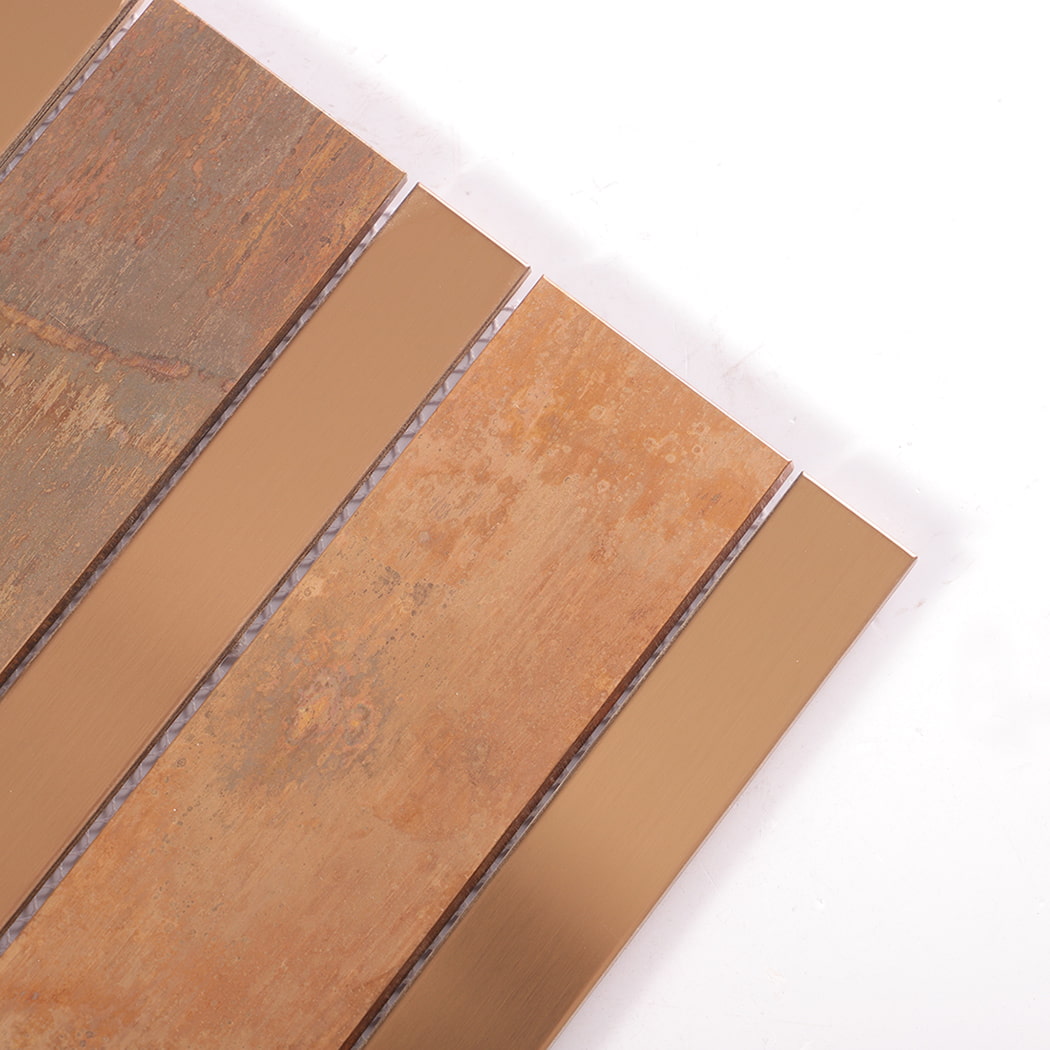 Close-up of copper stainless steel linear wall tile surface and texture